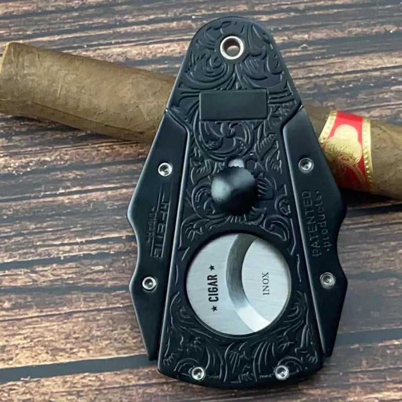 Foxmox Cigar Cutter Guillotine - Heavy Quality Stainless Steel Double Blade Cigar Clipper,Dignified Engraved Pattern with Lock System Cigar Cutters for Men,Cigar Accessories with Gift Box(Black) - Image 5